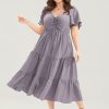 Plain Ruched Drawstring Pocket Ruffle Tiered Dress