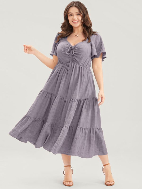 Plain Ruched Drawstring Pocket Ruffle Tiered Dress
