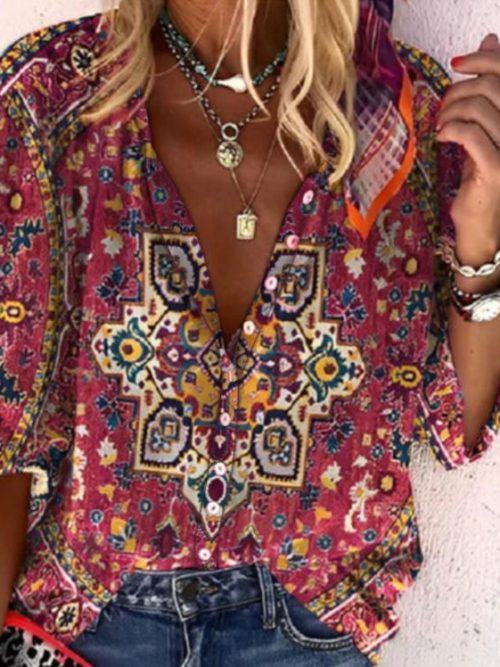 5-4a3546f8-2439-4f3b-a3fe-2474a178c0ee-1 Rose Red 3/4 Sleeve Print Top