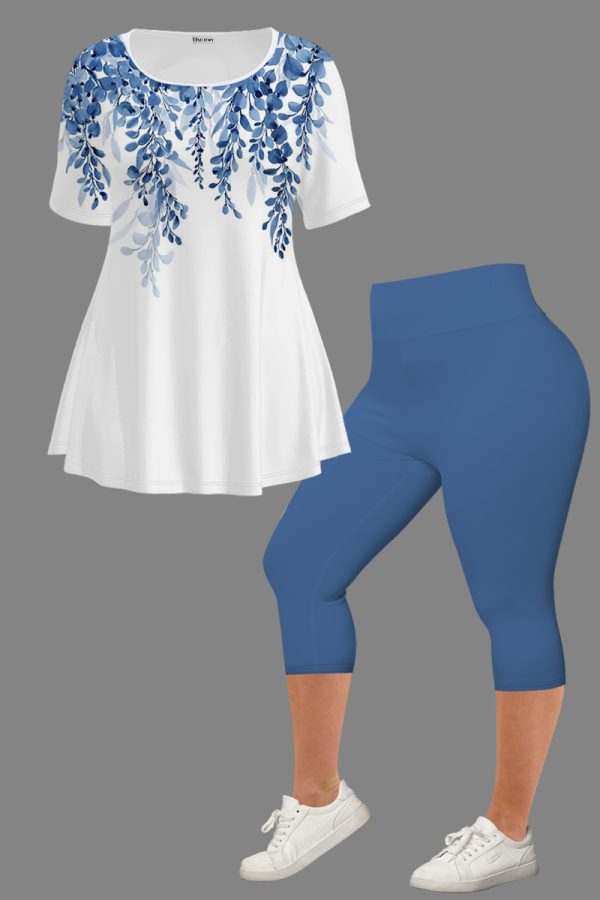 Women's Plus Size Casual Purple Ombre Plant Floral Print Two Piece Pant Set