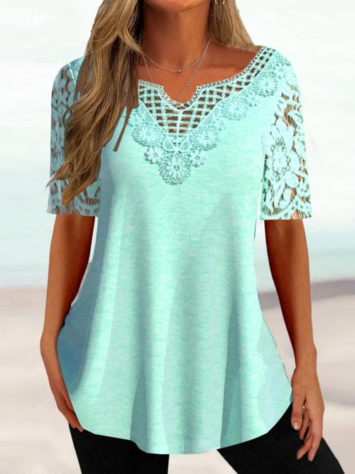 50d2e5c036a5f62d3c3066496177a3eb-1 Women's Half Sleeve V-neck Lace Top