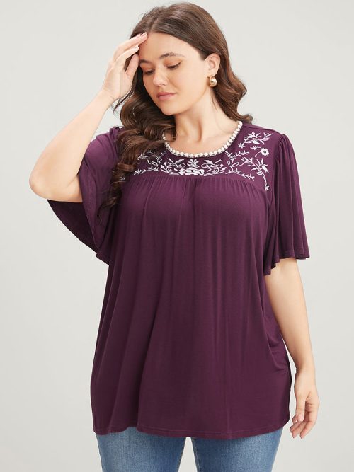 544802162-ev-9d3af970-b245-4549-af9d-6673188548e2-1 Floral Embroidered Ruffle Sleeve Keyhole Round Neck T-shirt