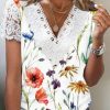Women's Short Sleeve V Neck Lace Floral Printed Fashion Casual Top