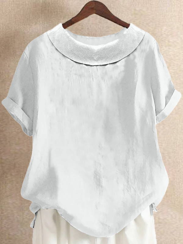 553e17632222a580864b9d3749dd14e9 Women Causal Ruched Crew Neck Cotton And Linen Short Sleeve Summer Plain T-shirt