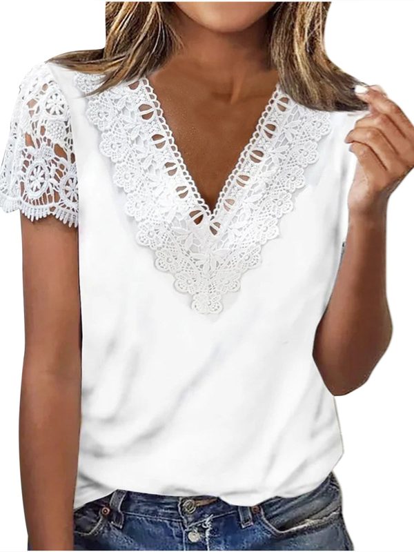 Women's Short Sleeve V Neck Lace Floral Printed Fashion Casual Top
