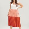 Colorblock Contrast Sleeveless Pocket Ruffle Hem Tank Dress