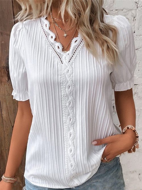 56a95aa275abb75ed51d986decbb4ff8-1 Women's Short-sleeved V-neck Lace Solid Color Casual Top
