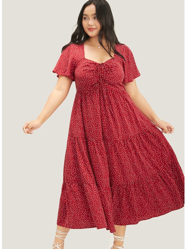 Polka Dot Drawstring Ruffle Tiered Ruched Pocket Midi Dress