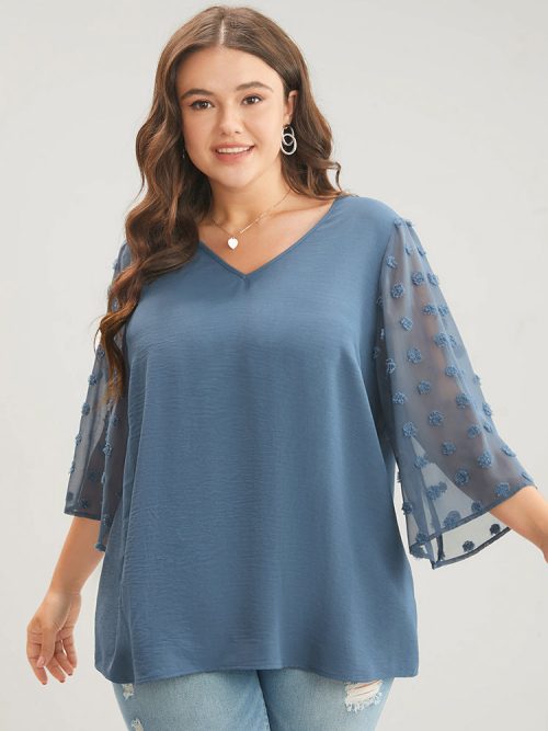 580781383-vn-1 Polka Dot Mesh Patchwork Flounce Sleeve Blouse