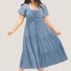 Polka Dot Drawstring Ruffle Tiered Ruched Pocket Midi Dress