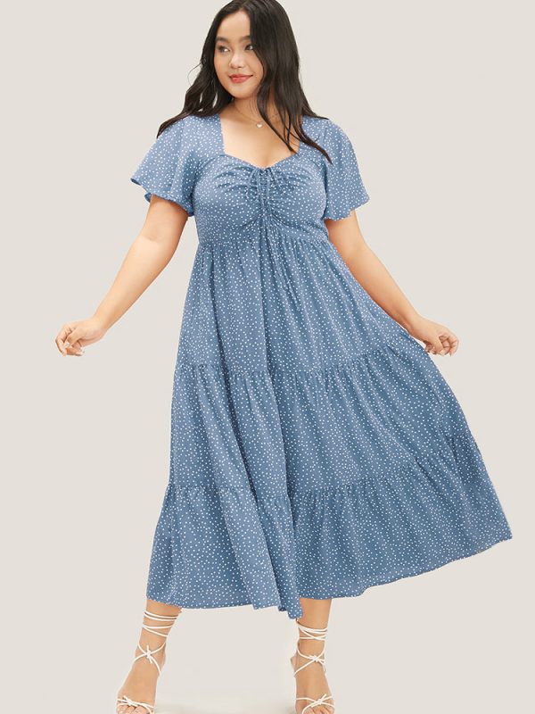 Polka Dot Drawstring Ruffle Tiered Ruched Pocket Midi Dress