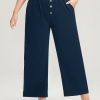 Plain Pocket Mid Rise Button Detail Elastic Waist Pants