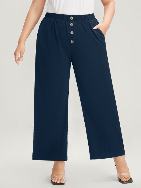 Plain Pocket Mid Rise Button Detail Elastic Waist Pants