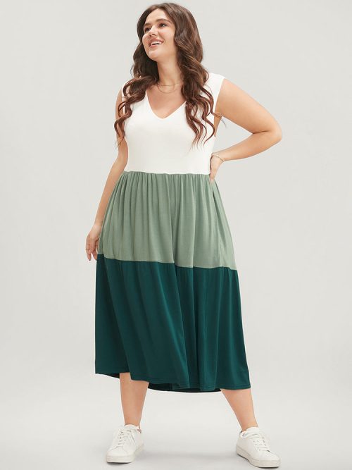 60188656-pn-7e501372-4784-475d-8ff0-3ddfb83f2671-1 Colorblock Contrast Sleeveless Pocket Ruffle Hem Tank Dress