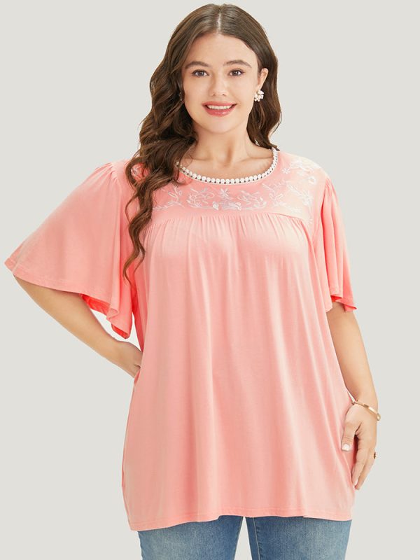 Floral Embroidered Ruffle Sleeve Keyhole Round Neck T-shirt