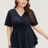 Plain Surplice Neck Gathered Ruffles Asymmetrical Hem T-shirt