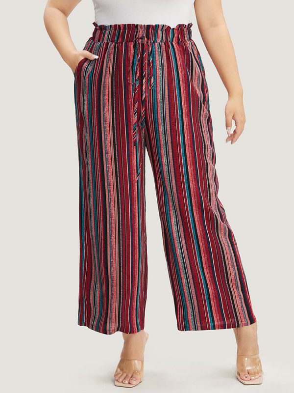 Striped Contrast Paperbag Waist Ties Up Pocket  Pants