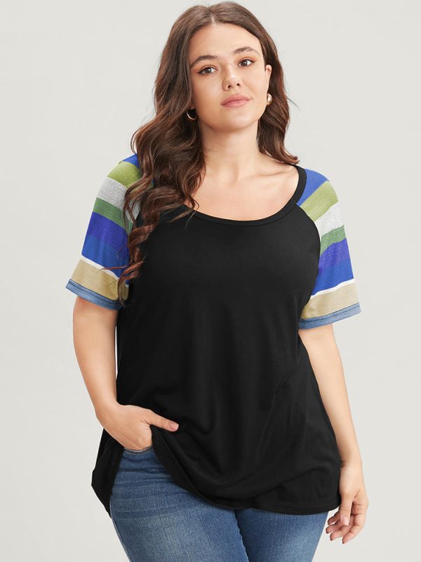 Striped Contrast Raglan Sleeve Round Neck T-shirt