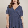 Plain Surplice Neck Tie Side Asymmetrical Hem T-shirt