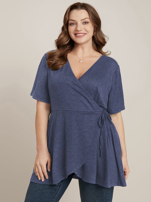 Plain Surplice Neck Tie Side Asymmetrical Hem T-shirt