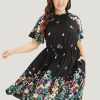 Floral & Butterfly Print Pocket Shirred Mock Neck Ruffles Dress