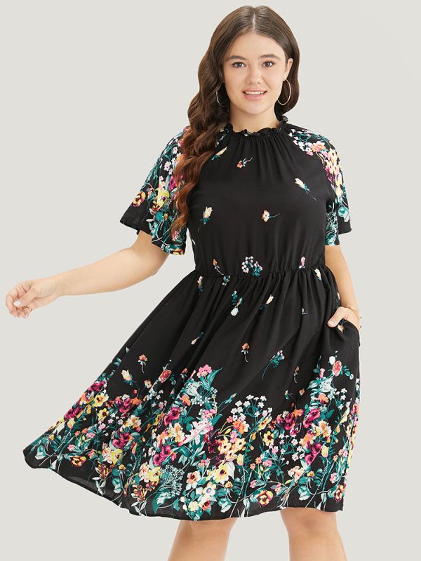 Floral & Butterfly Print Pocket Shirred Mock Neck Ruffles Dress