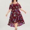 Floral Cold Shoulder Pocket Ruffle Belted High Low Hem Dress