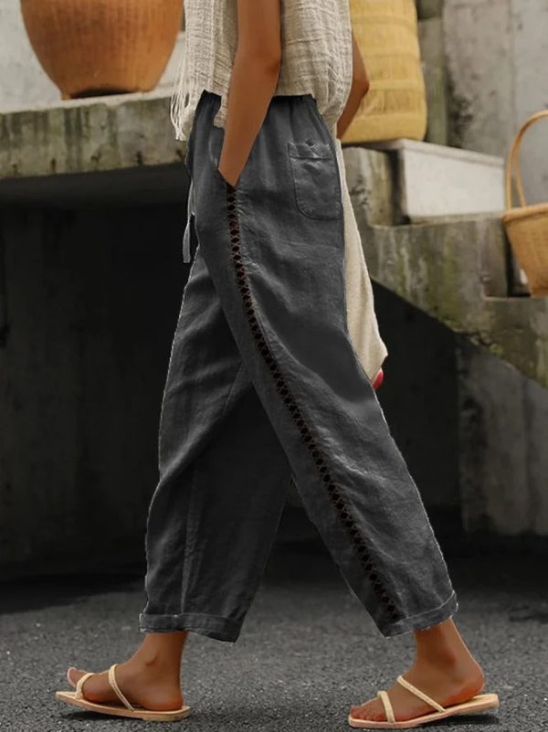 6abf8479e6ecb00d2537ba1bef712a5b-1 Loose Casual Hollow Out Lace Pockets Drawstring Waist Plain Linen Pants