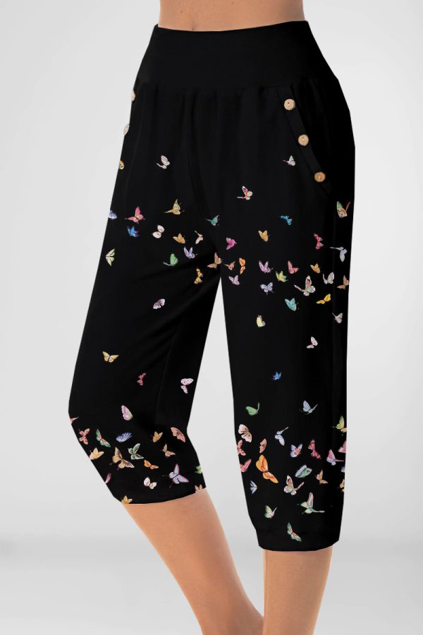 6b6db1e8cd6bcc60ec0eba37c955af5a-1 Plus Size Casual Black Butterfly Print Pocket Decorative Button Capris Pants