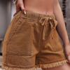 Women's Denim Shorts Frayed Raw Hem Ruffle Drawstring High Waist with Pockects