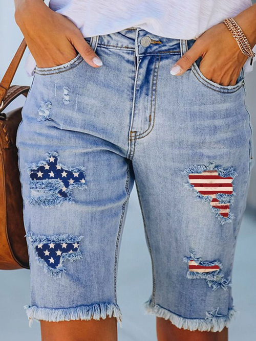 7012411a8c4accf41b593c2a34d9fde1-1 Women's America Flag Hole Patch Fifth Pants Denim Shorts