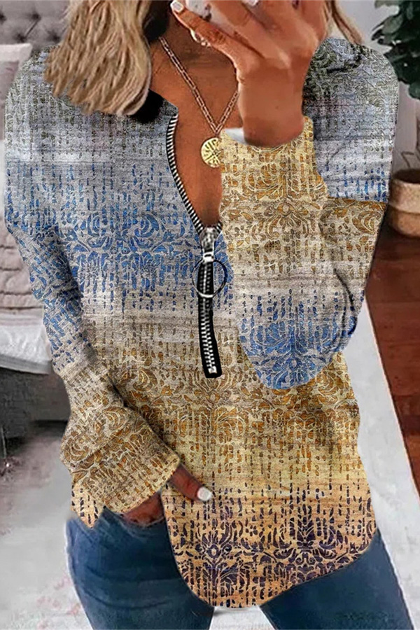 703b77f31a604288be0d3a56417f20bf-1 Vintage Graphic Print Zipper Design Top