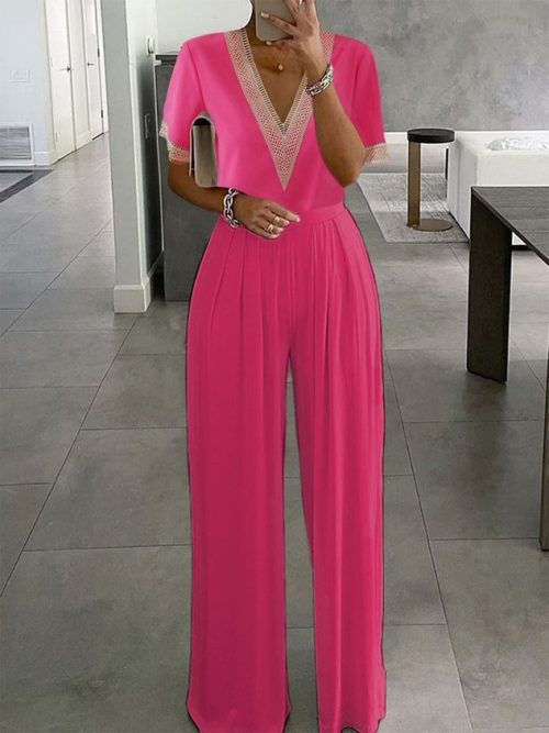 7198a851a61466a48068d5888277b187-1 Plain Hollow Out Lace V Neck Short Sleeve Casual Jumpsuit