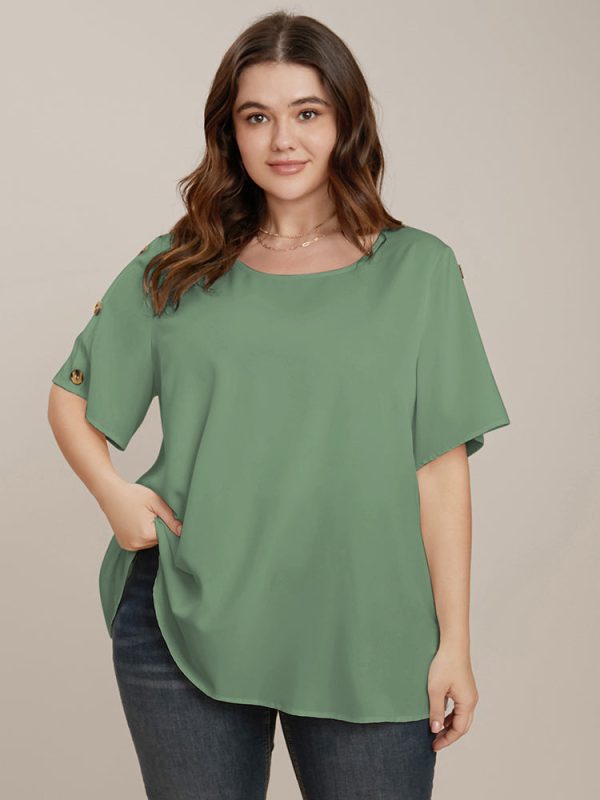 Plain Round Neck Button Detail Blouse