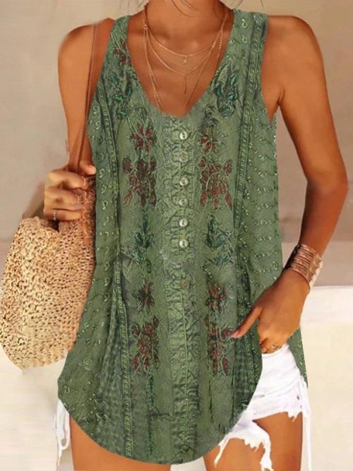 74e132b15eb0ea2563ae655e001f4d3c-efcee253-d825-4911-8a71-f28fb668bf37-1 Sage Green Floral Print Button Front Tank Top