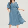 Solid Keyhole Round Neck Pocket Belted Flutter Dress
