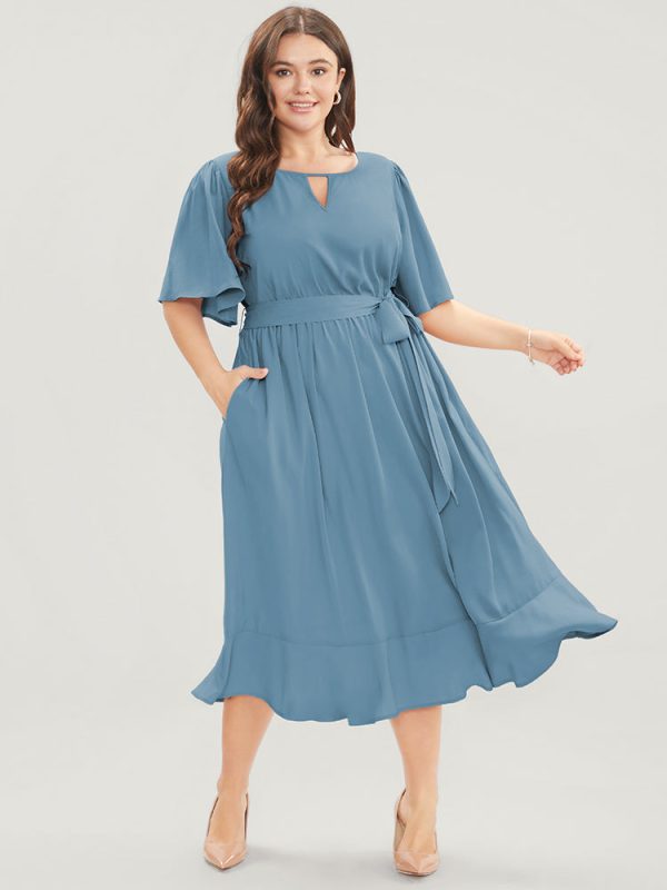 Solid Keyhole Round Neck Pocket Belted Flutter Dress