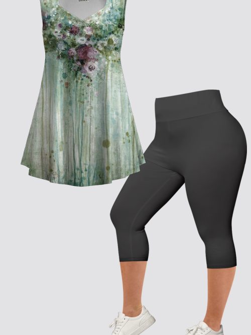 7703910d57d61f05707985d720bee96a-1 Women's Plus Size Casual Green Retro Floral Print Two Piece Pant Set