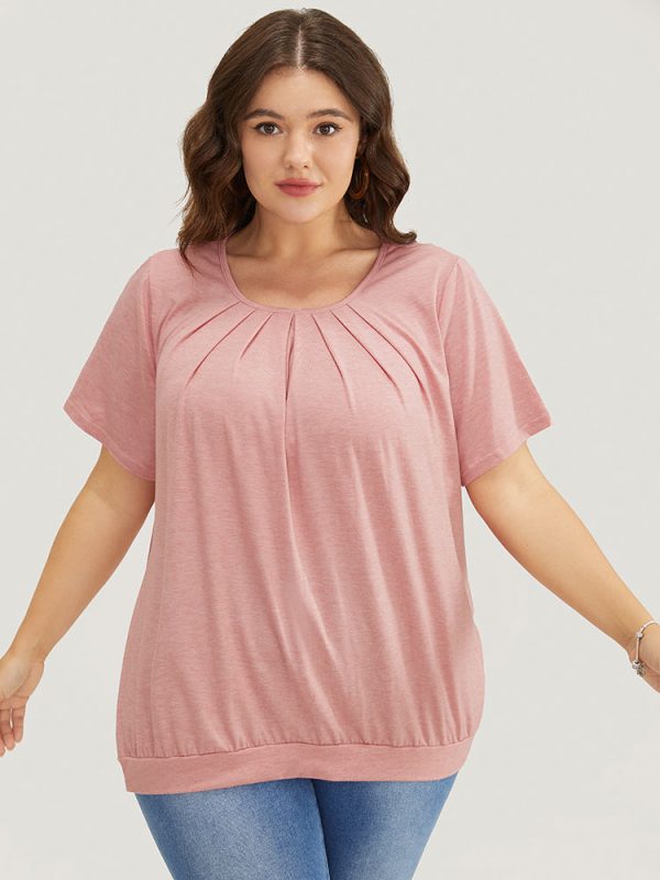 Solid Round Neck Pleated Detail T-shirt