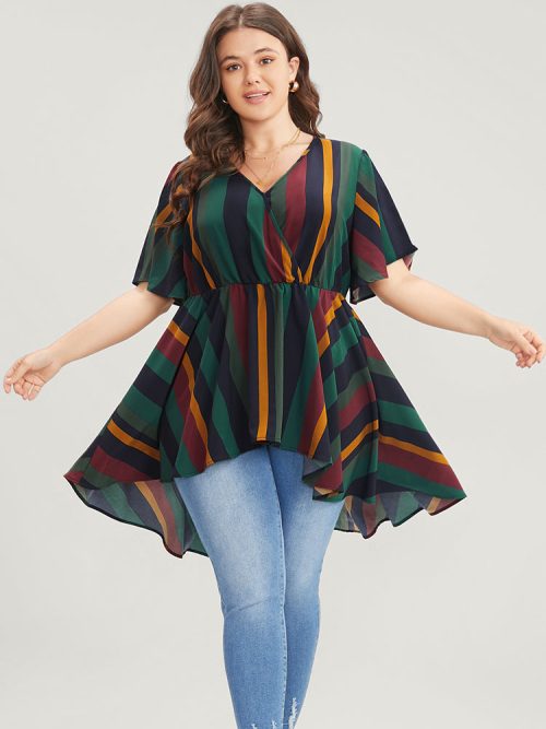 774132339-ql-587071eb-3928-4bc9-85a1-bb2a76c62a03-1 Striped Contrast Wrap Ruffles High Low Hem Blouse