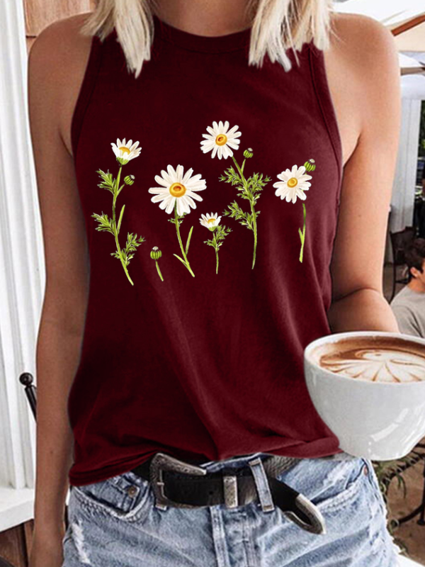 7e9f11b5078d448b5f3f59c76b7ba23d-1 Women's Cute Wildflower Casual Daisy Crew Neck Tank Top