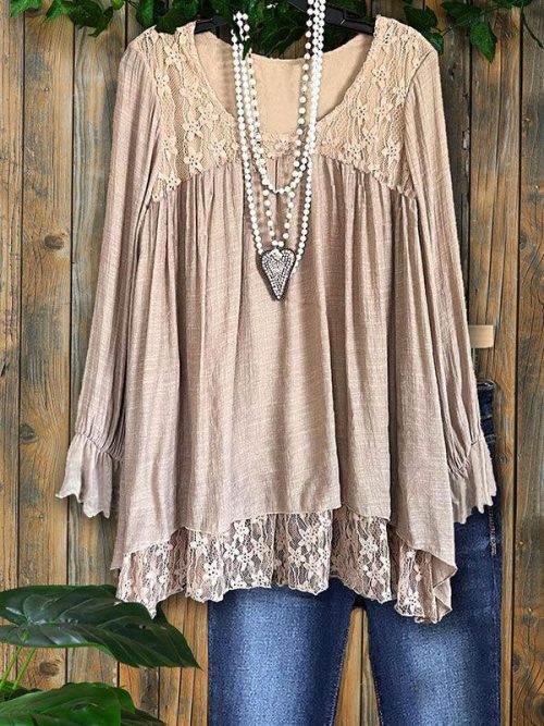 7f53aac37eac367577319b468c784b79-1 Lace Paneled Ruffled V-Neck Loose Top