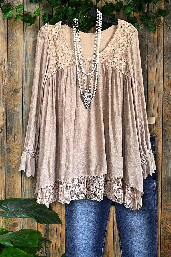 Lace Paneled Ruffled V-Neck Loose Top