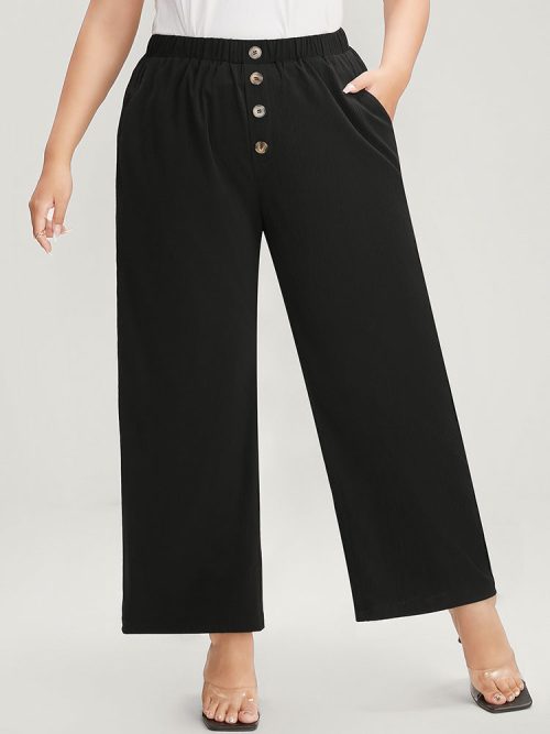 808283204-lh-1 Plain Pocket Mid Rise Button Detail Elastic Waist Pants