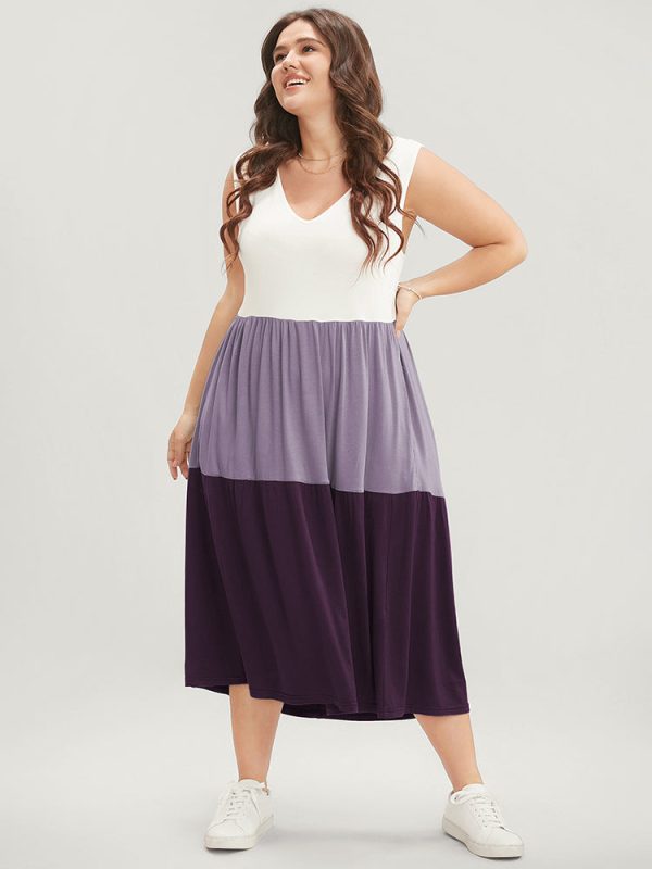 Colorblock Contrast Sleeveless Pocket Ruffle Hem Tank Dress