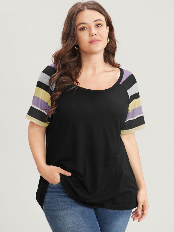 Striped Contrast Raglan Sleeve Round Neck T-shirt
