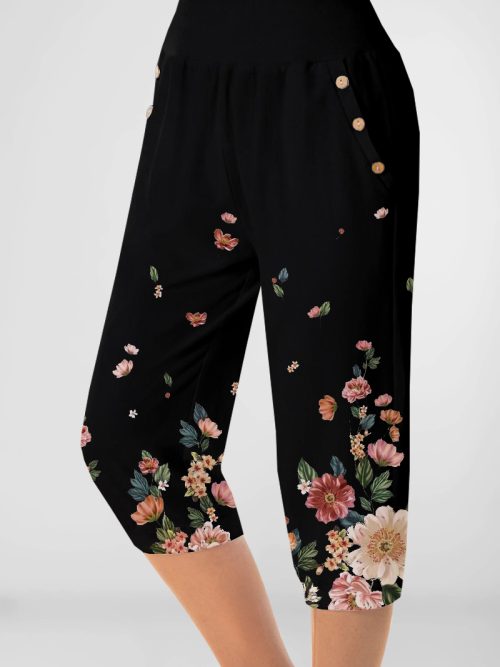8519bc6f0ffc4228b919a67eb7486202-1 Plus Size Casual Black Plant Floral Print Pocket Capris Pants