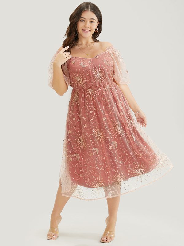 Moon And Star Sequin Detail Pocket Mesh Midi Dress