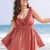 Ruffle Trim Adjustable Straps Gathered Sculpt Waist Swim Dress
