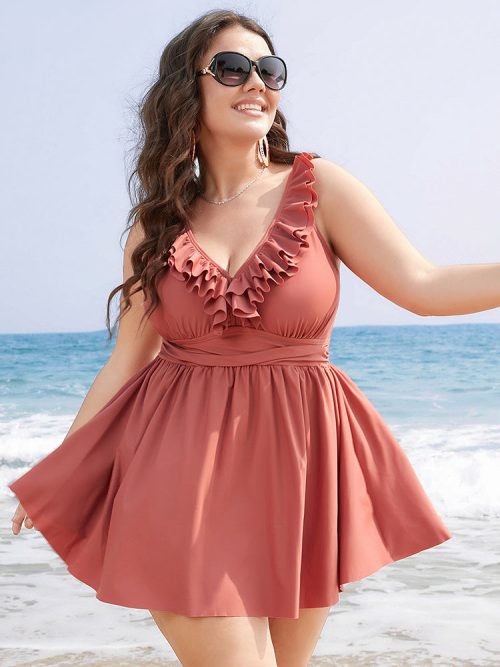 857846466-mb-4adfdbc3-6f89-4563-b6ee-f380698d7740-1 Ruffle Trim Adjustable Straps Gathered Sculpt Waist Swim Dress